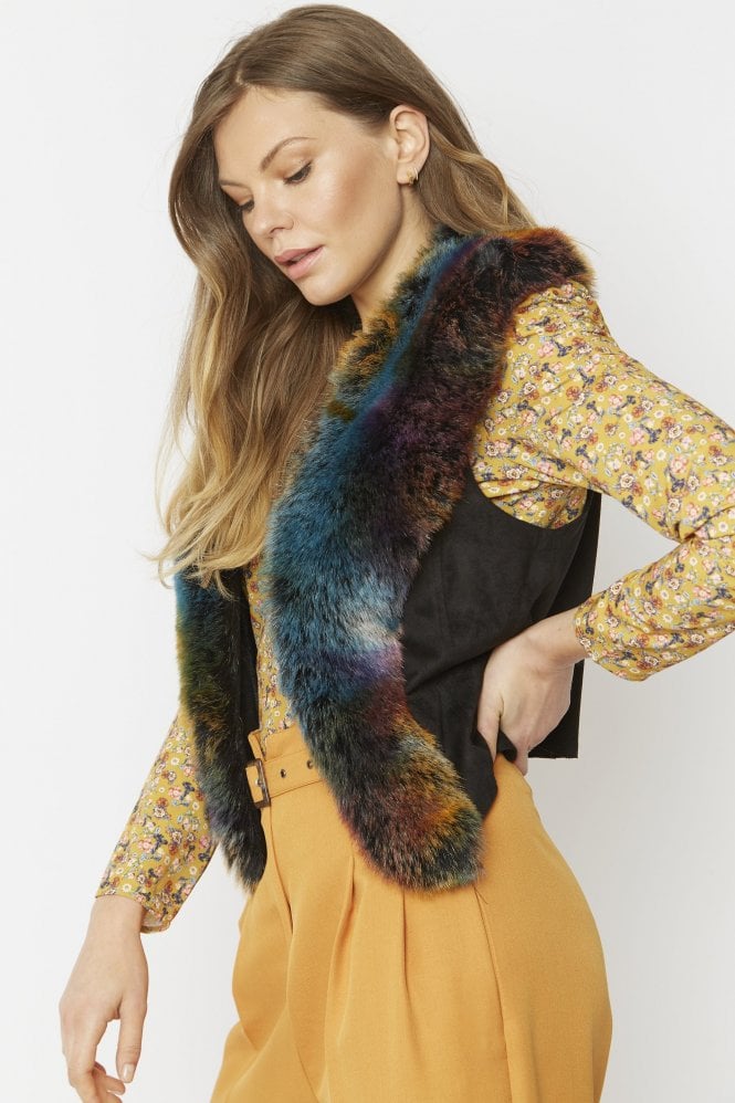 JAYLEY Multi Faux Suede Gilet with Faux Fur Collar
