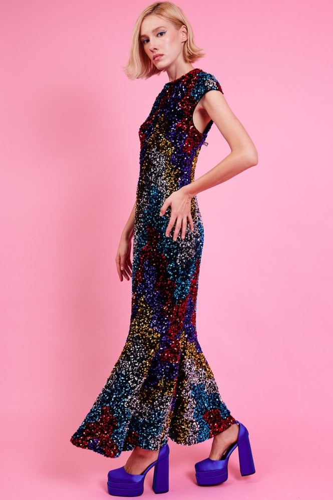 JAYLEY Multi Sequin Fish Tail Maxi Dress
