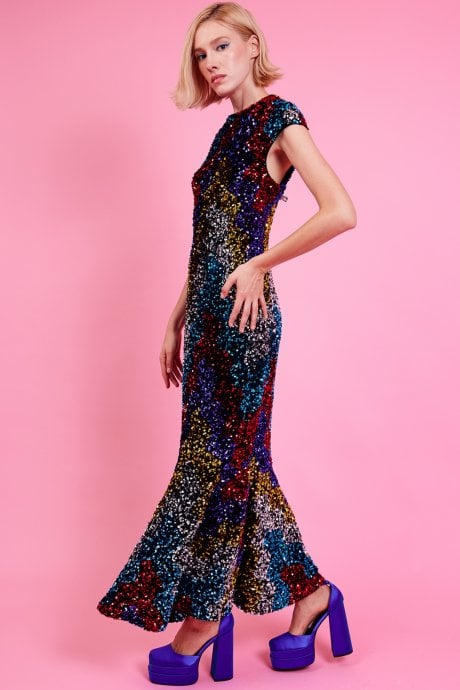 Multi Sequin Fish Tail Maxi Dress