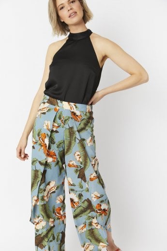 Multi Silk Blend Tropical Open Front Wide Leg Trousers