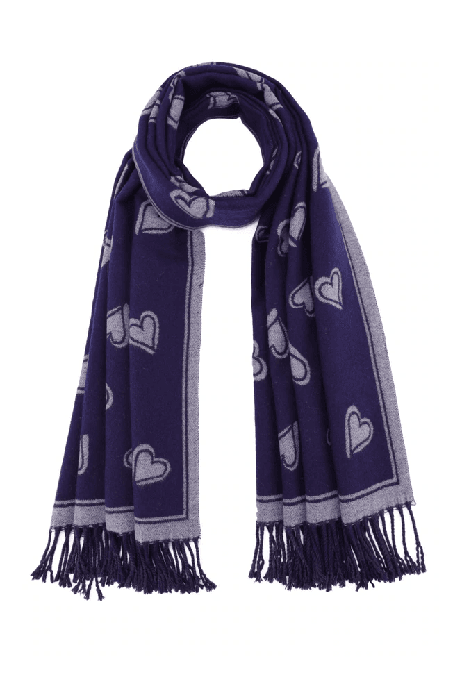 JAYLEY Navy and grey Love Hearts Tassel Reversible Cashmere Blend Scarf