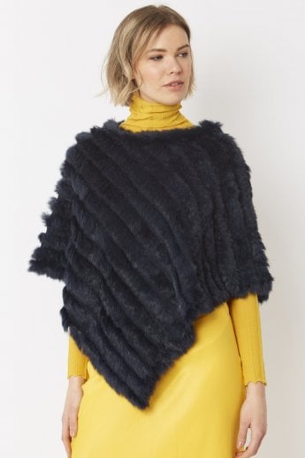 Navy Cashmere Blend Coney Fur Poncho