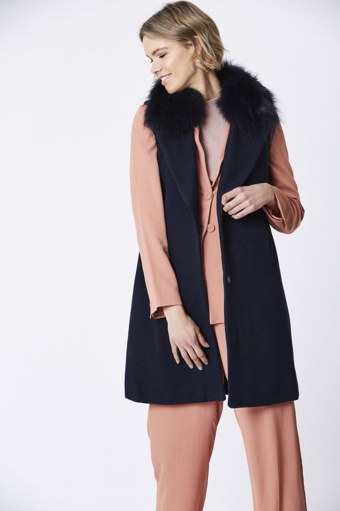 JAYLEY Navy Cashmere Blend Fox Fur Long Gilet