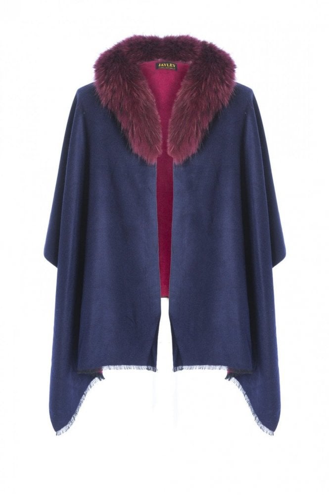 JAYLEY Navy Cashmere Wrap with Fox Fur Collar