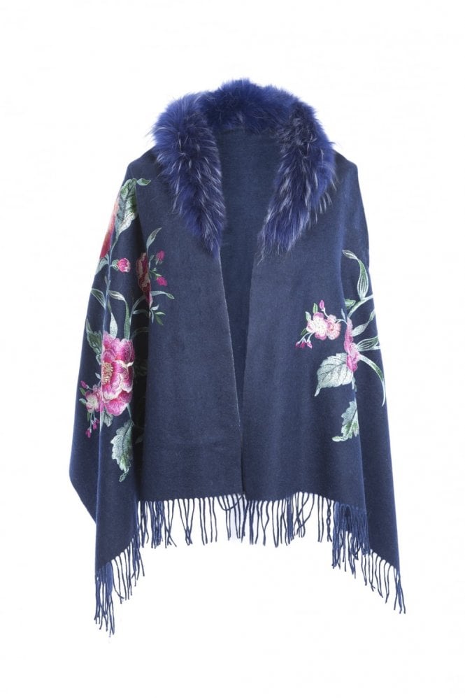JAYLEY Navy Cashmere Wrap with Fur Collar