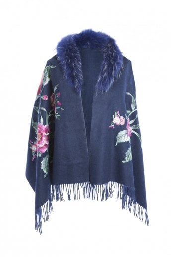 Navy Cashmere Wrap with Fur Collar