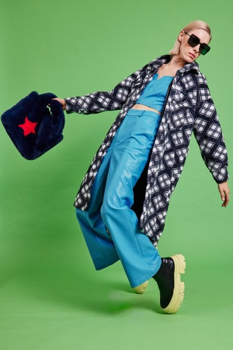 Navy Check Faux Shearling Coat