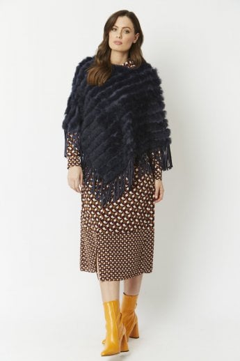 Navy Coney Fur and Faux Suede Poncho