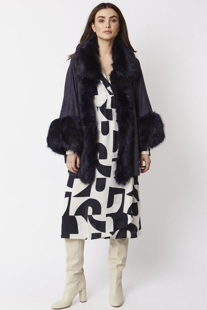 JAYLEY Navy Faux Fur Faux Suede Cape