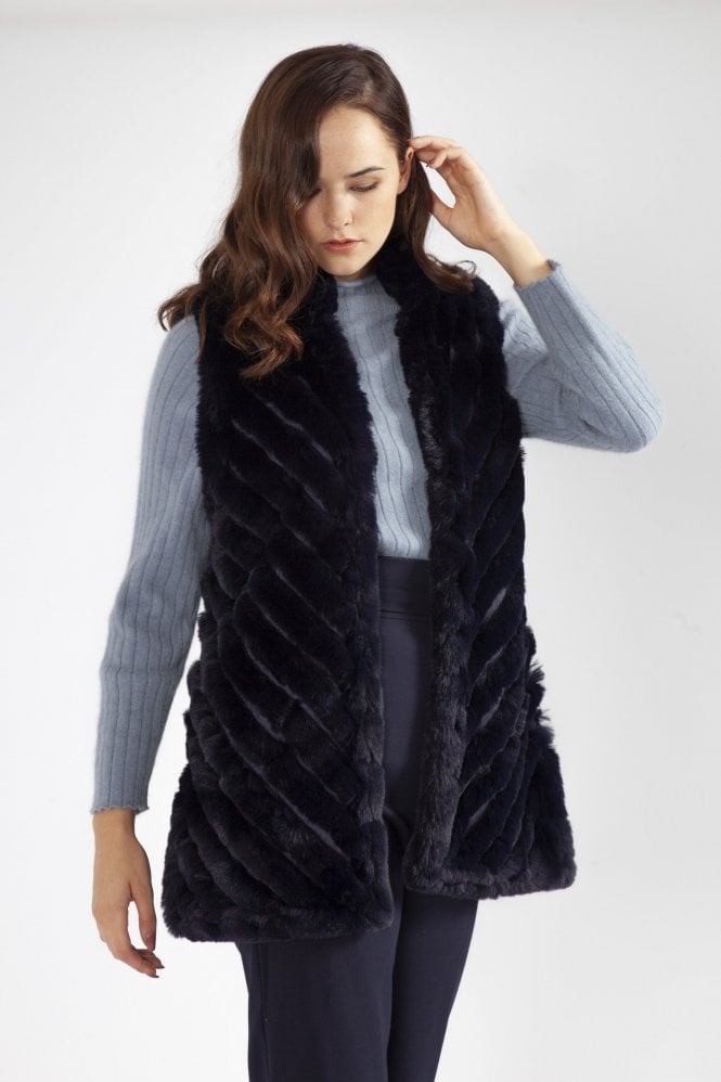 JAYLEY Navy Faux Fur Faux Suede Diagonal Striped Long Vest