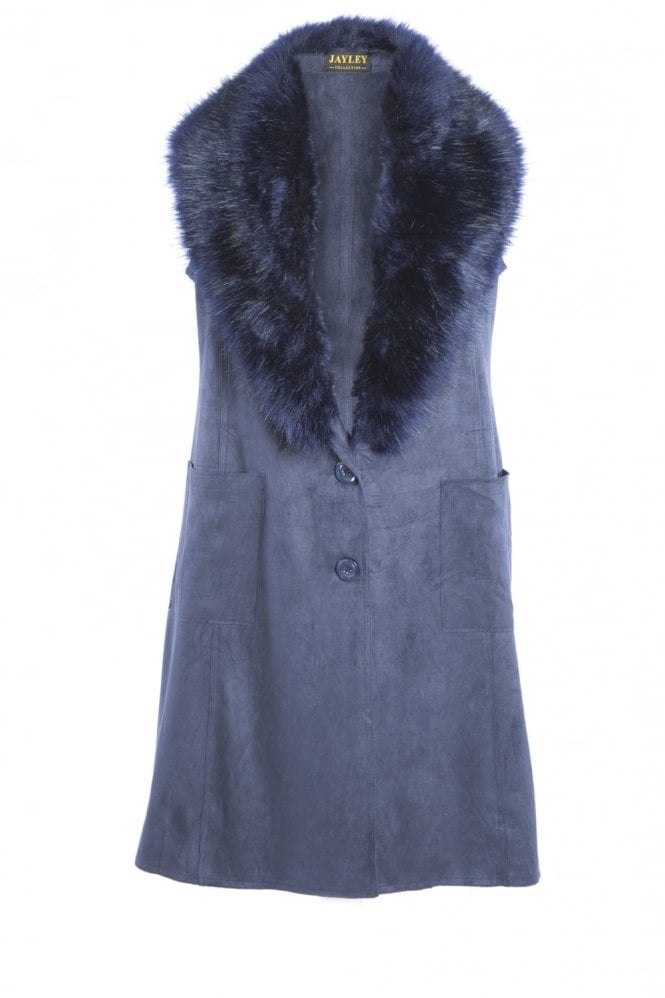 JAYLEY Navy Faux Fur Faux Suede Vest