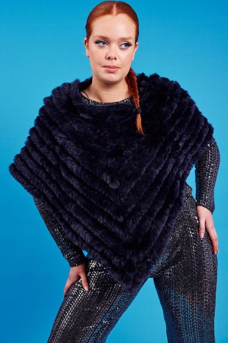 Navy Faux Fur Poncho