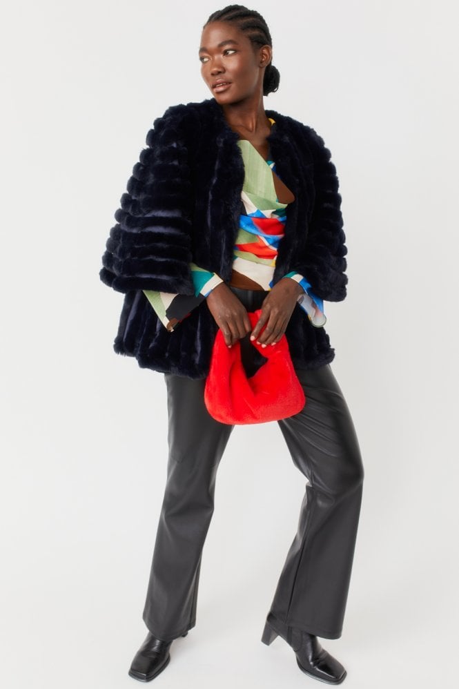 JAYLEY Navy Faux Fur Striped Coat