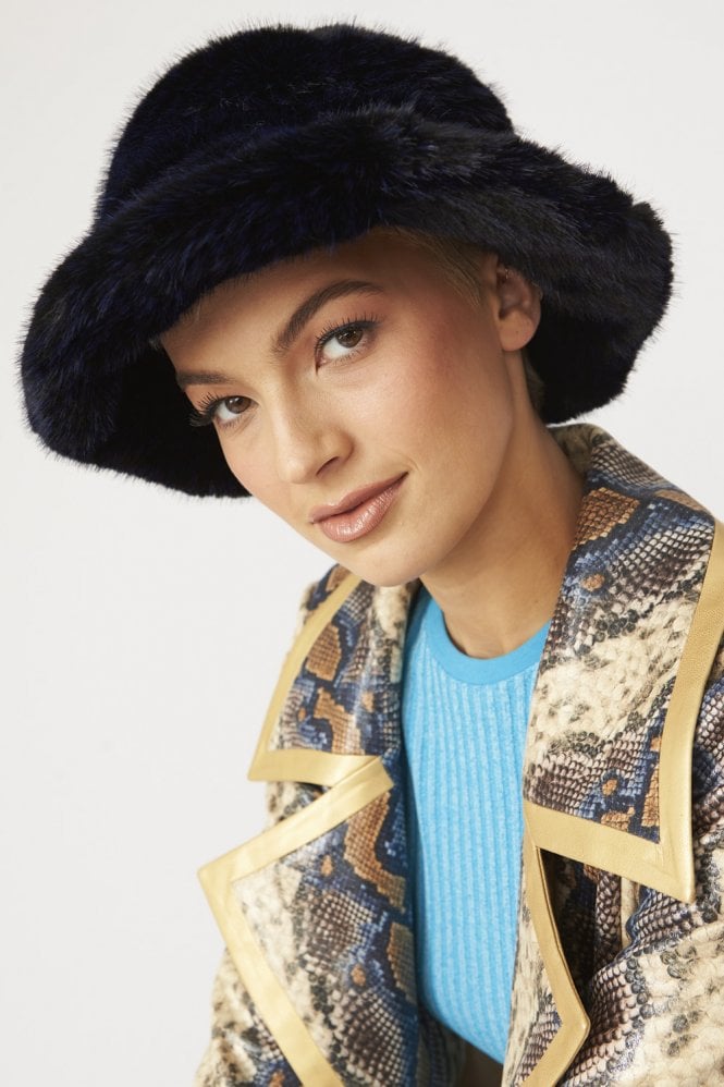 JAYLEY Navy Faux Mink Bamboo Bucket Hat