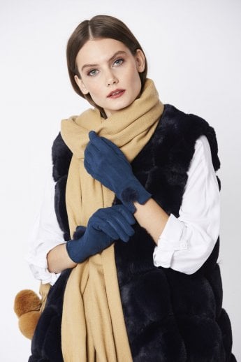 Navy Faux Suede Gloves With Faux Fur Pom
