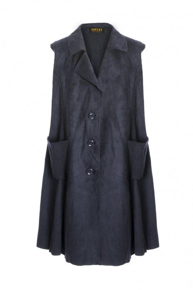 JAYLEY Navy Faux Suede Long Length Vest