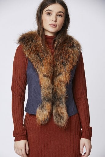 Navy Fox Fur Faux Suede Gilet