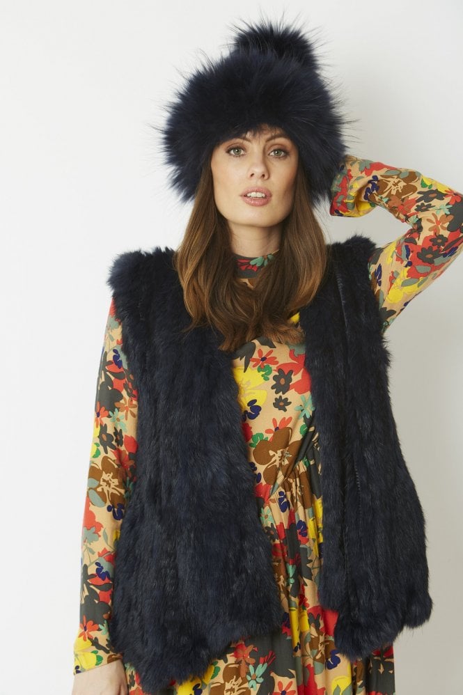JAYLEY Navy Fox Fur Pom Pom Hat