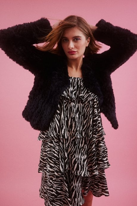 Navy Hand Knitted V-Neck Faux Fur Coat