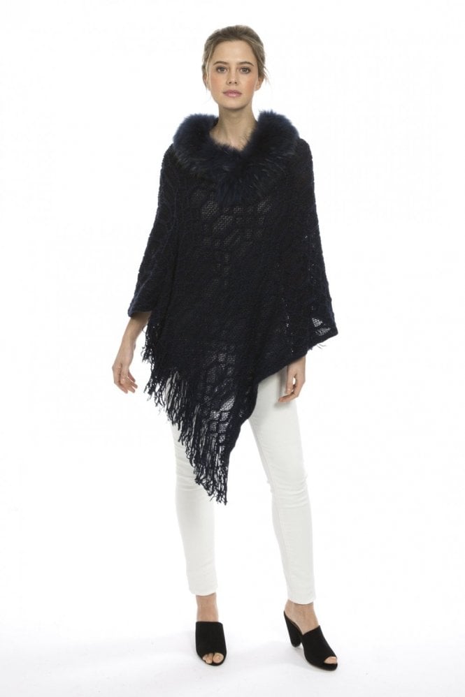 JAYLEY Navy Knitted Poncho with Fox Fur Collar