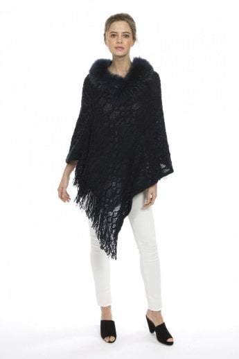 Navy Knitted Poncho with Fox Fur Collar