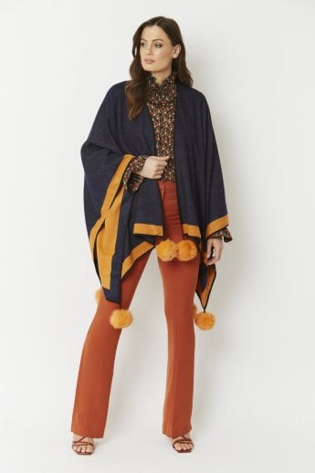 Navy Luxury Reversible Cashmere Blend Pom Pom Wrap