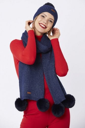 Navy Wool Faux Fur Pom Pom Hat