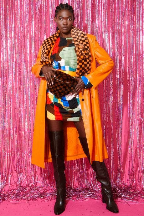Orange and Black Checkered Faux fur Scarf with Bow Detail Fastening