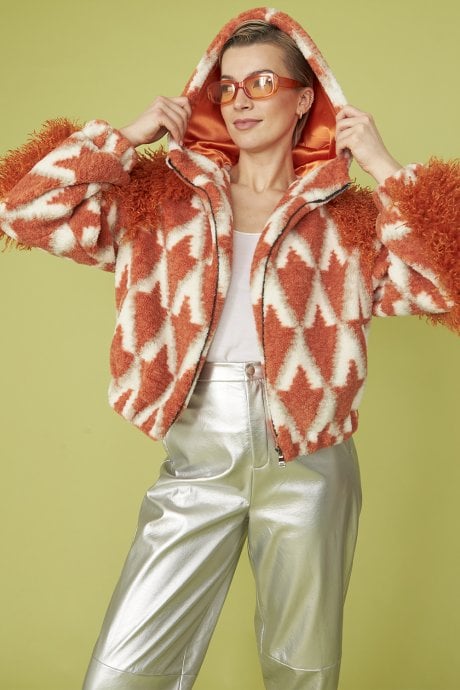 Orange and Cream Shearling Hooded Jacket
