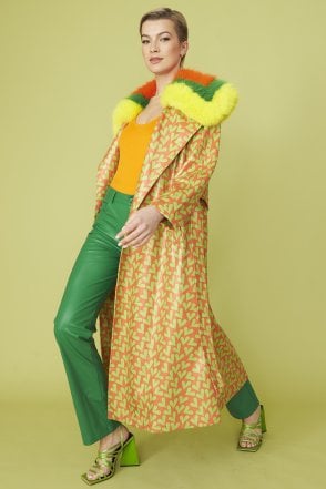 Orange and Green Love Heart Trench Coat with Oversized Faux Fur Collar