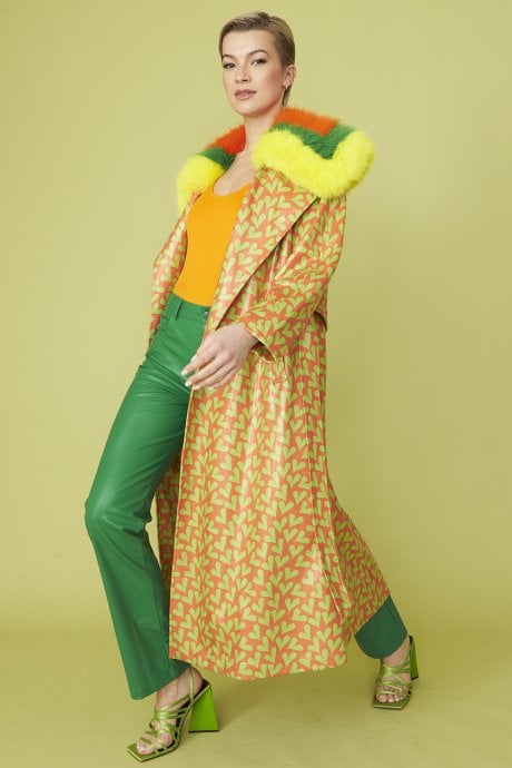 Orange and Green Love Heart Trench Coat with Oversized Faux Fur Collar