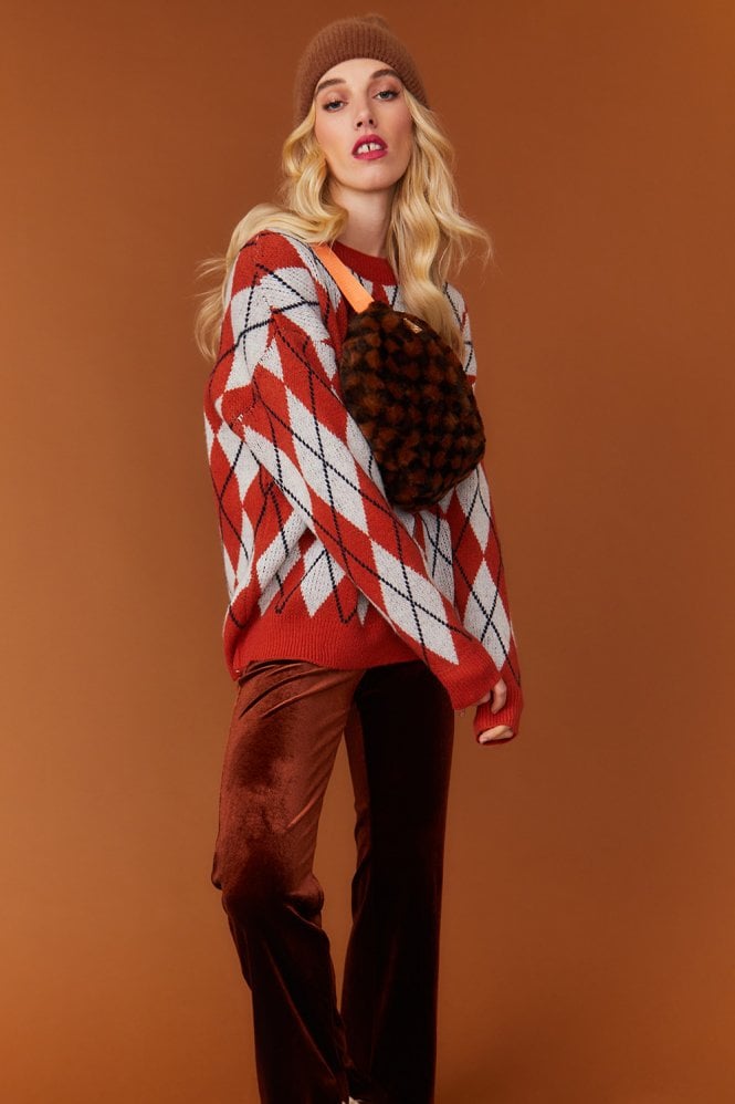 JAYLEY Orange and Grey Argyle Jumper