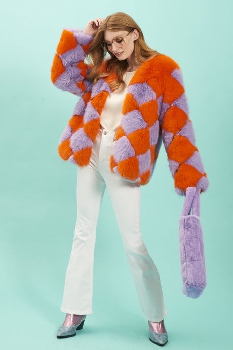 Orange and Purple Delilah Diamond Faux Fur Jacket