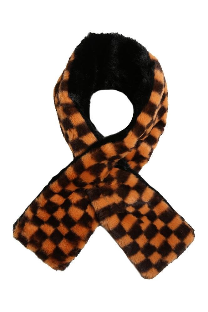 JAYLEY Orange Checkered Print Multi-way Faux Fur Scarf