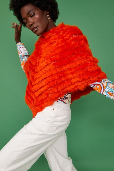 Orange Coney Fur Arctic Poncho