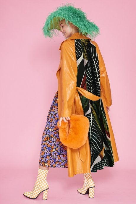 Orange Eco Leather Trench Coat with Botanical Print Panel