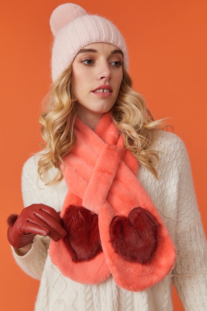 JAYLEY Orange Faux Fur Scarf with Heart Embellishments