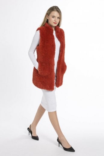 Orange Hand Knitted Faux Fur Gilet | Waistcoat