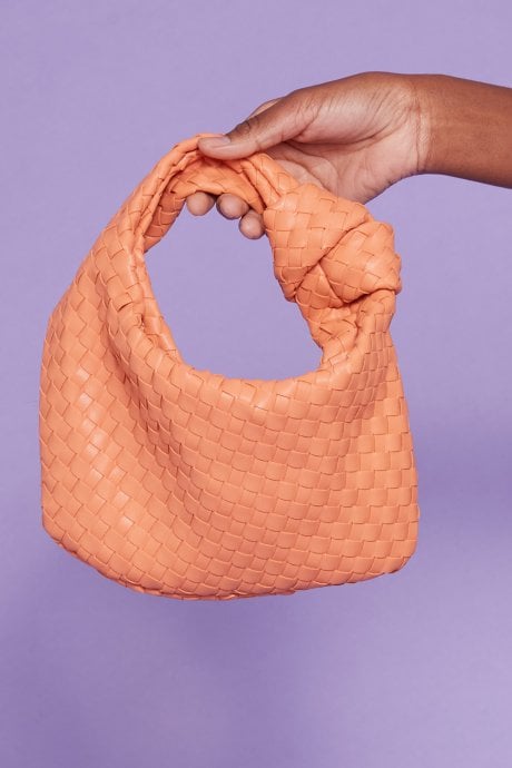 Orange Jodie Small Woven Shoulder Bag with Knot Detail