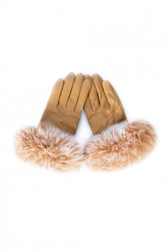 Orange Leather and Fox Fur Gloves