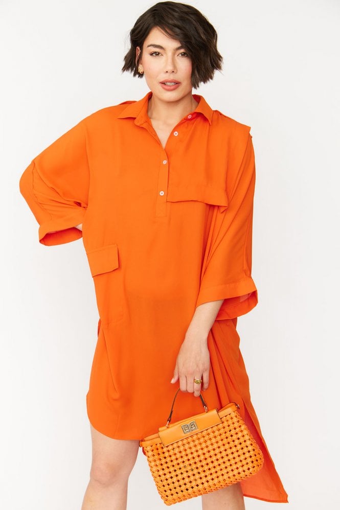 JAYLEY Orange Oversized Silk Blend Shirt Dress