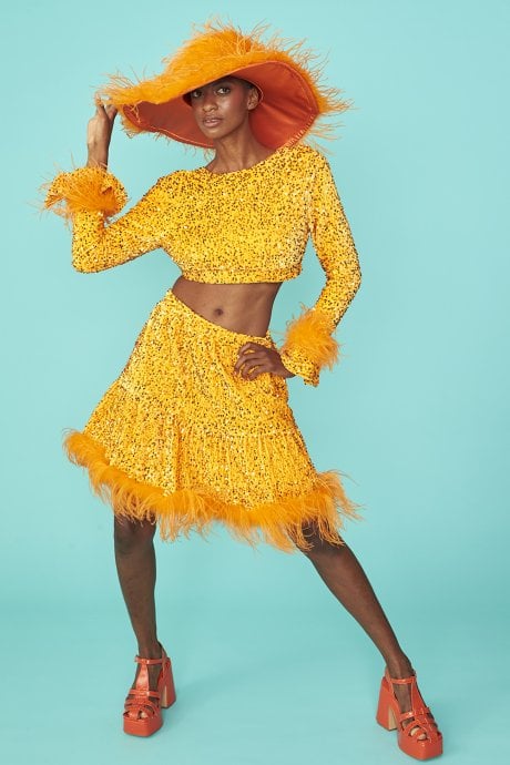 Orange Sequin Cropped Long Sleeve Top with Feather Trim
