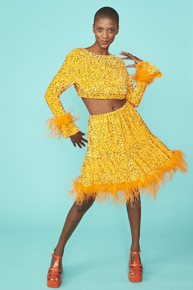 JAYLEY Orange Sequin Skater Skirt With Feather Trim