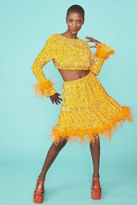 Orange Sequin Skater Skirt With Feather Trim