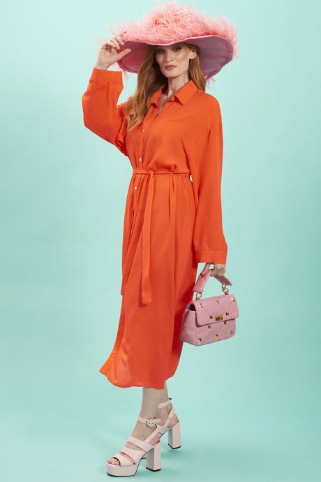 Orange Silk Blend Maxi Shirt Dress