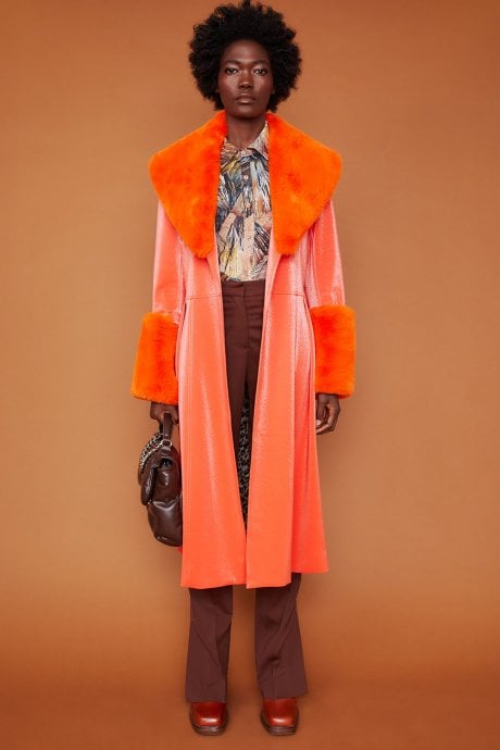 Orange Trench Style Belted Coat with Faux Fur Cuffs and Collar