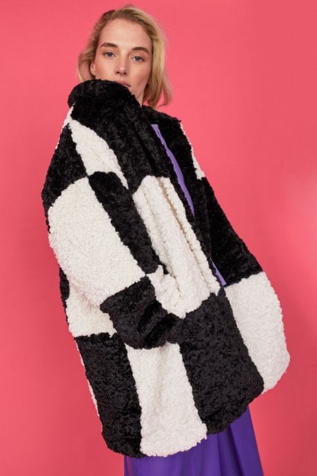 Oversized Black and White Midi Checkered Coat