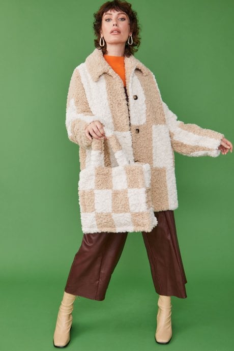 Oversized Mocha and Cream Checkered Midi Coat