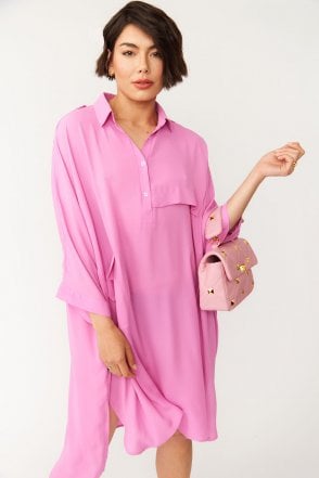 Oversized Pink Silk Blend Shirt Dress