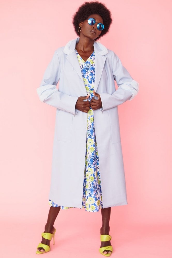 JAYLEY Pastel Blue Maxi Coat in Faux Suede with Faux Fur Trim